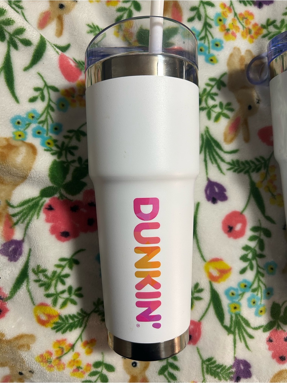 Dunkin' White Stainless Steel Tumbler with Straw - Pink/Orange Logo